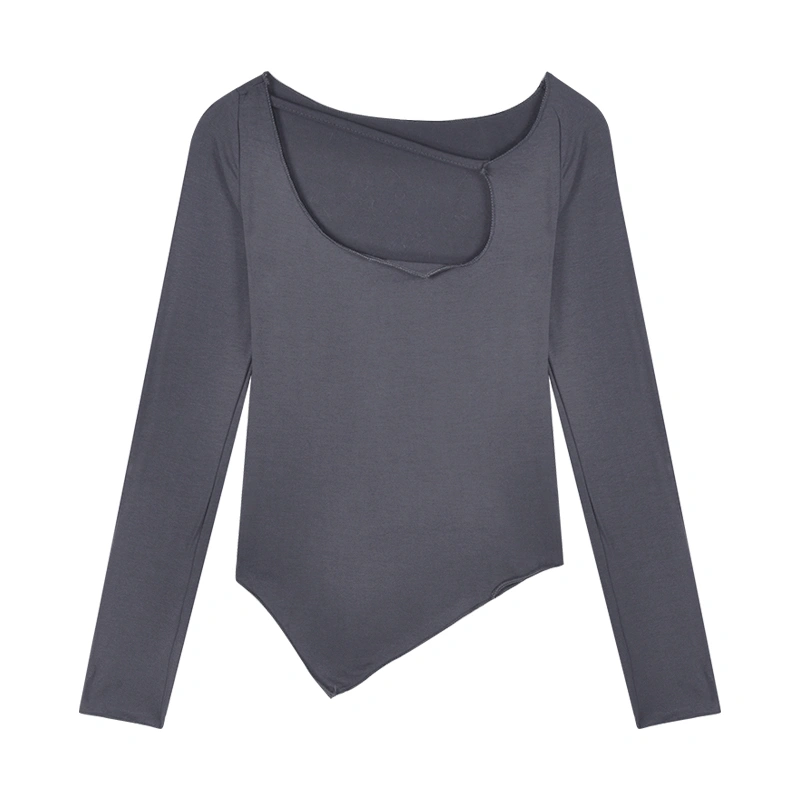 Women's T-Shirt, Long Sleeve Solid Color Slim Fit Irregular Casual Base Shirts for Young Ladies