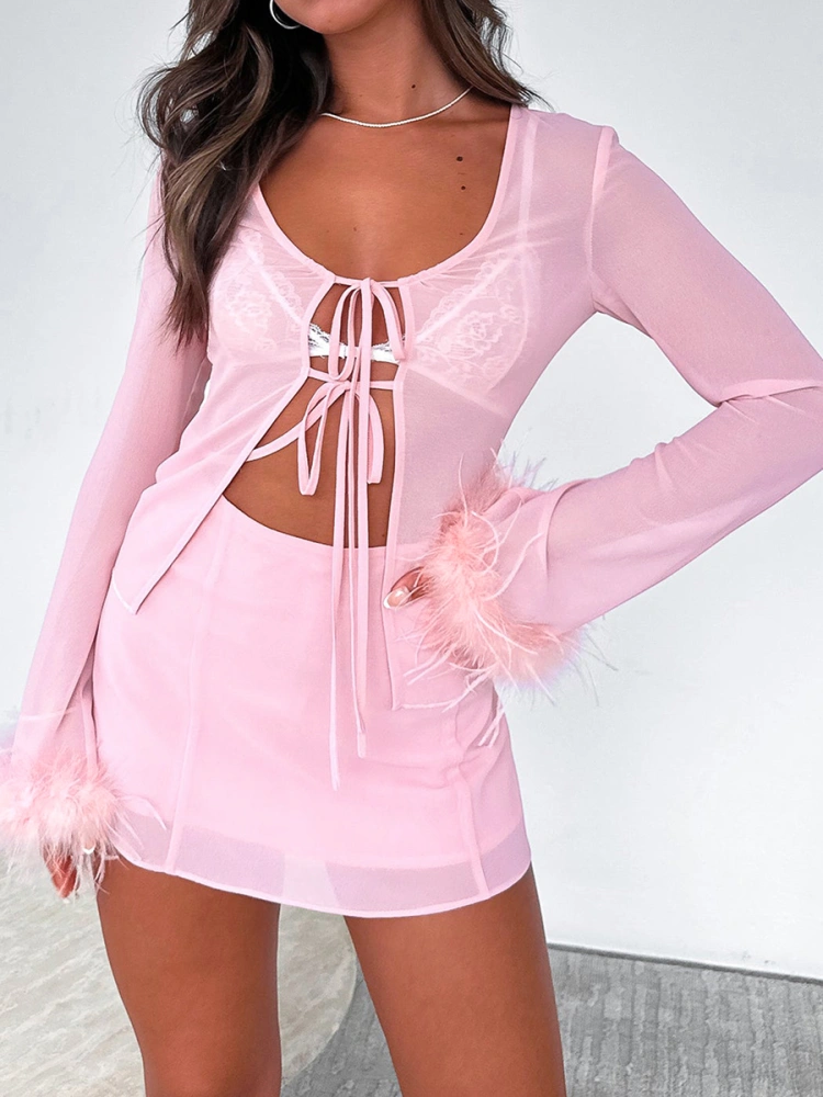 Women Tops, Long Sleeve Lacing Fluffy Patchwork See-through Fall Tops for Club Party