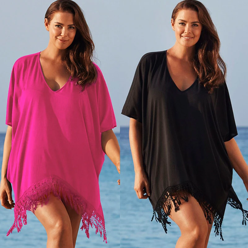 Women Bikini Cover Up Dress, Solid Color Short Sleeve V-Neck Tassel Hem Smock Dress, Loose-Fit Hip-Length Swimwear Cover Up