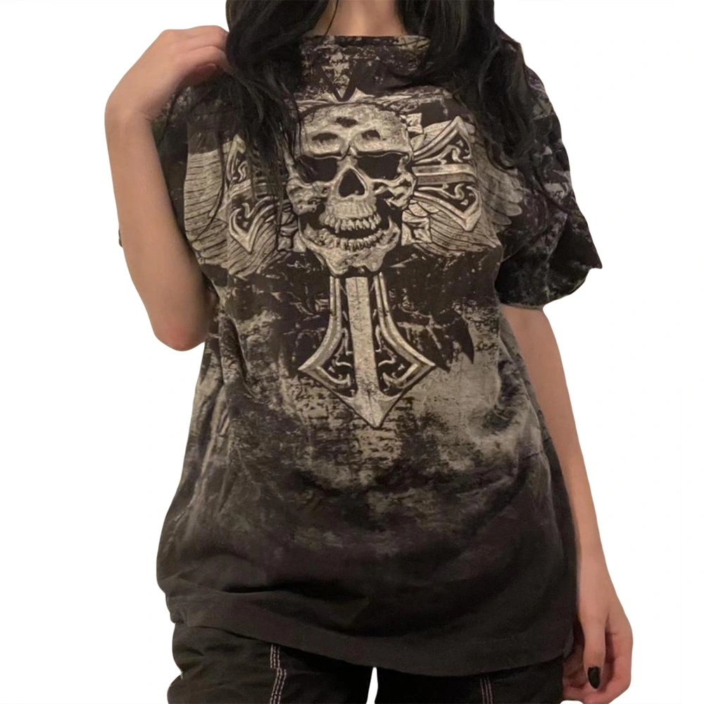 Women Fashion Gothic T-Shirts Vintage Skull Print Crew Neck Short Sleeve Loose Shirts Summer Casual Tops Streetwear