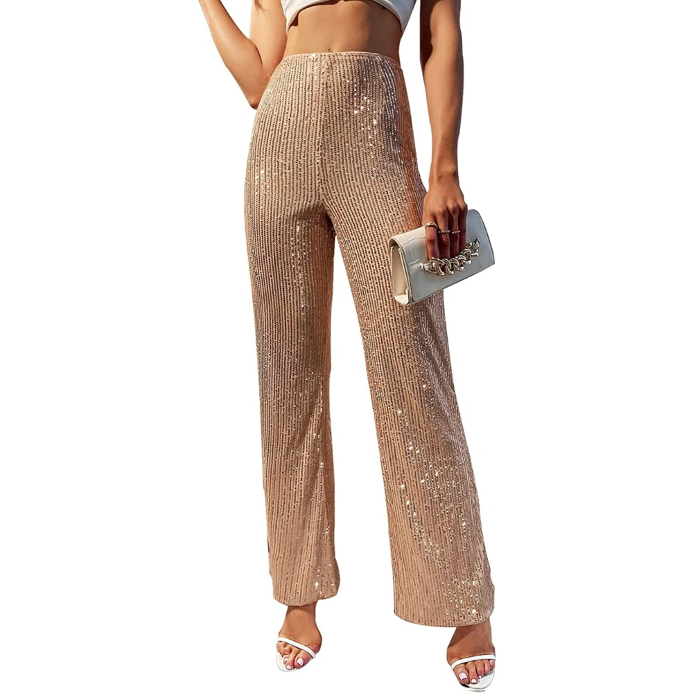 Women Flare Pants, Shiny Sequined Stretchy Slim Fit Ladies Long Trousers for Club Bar