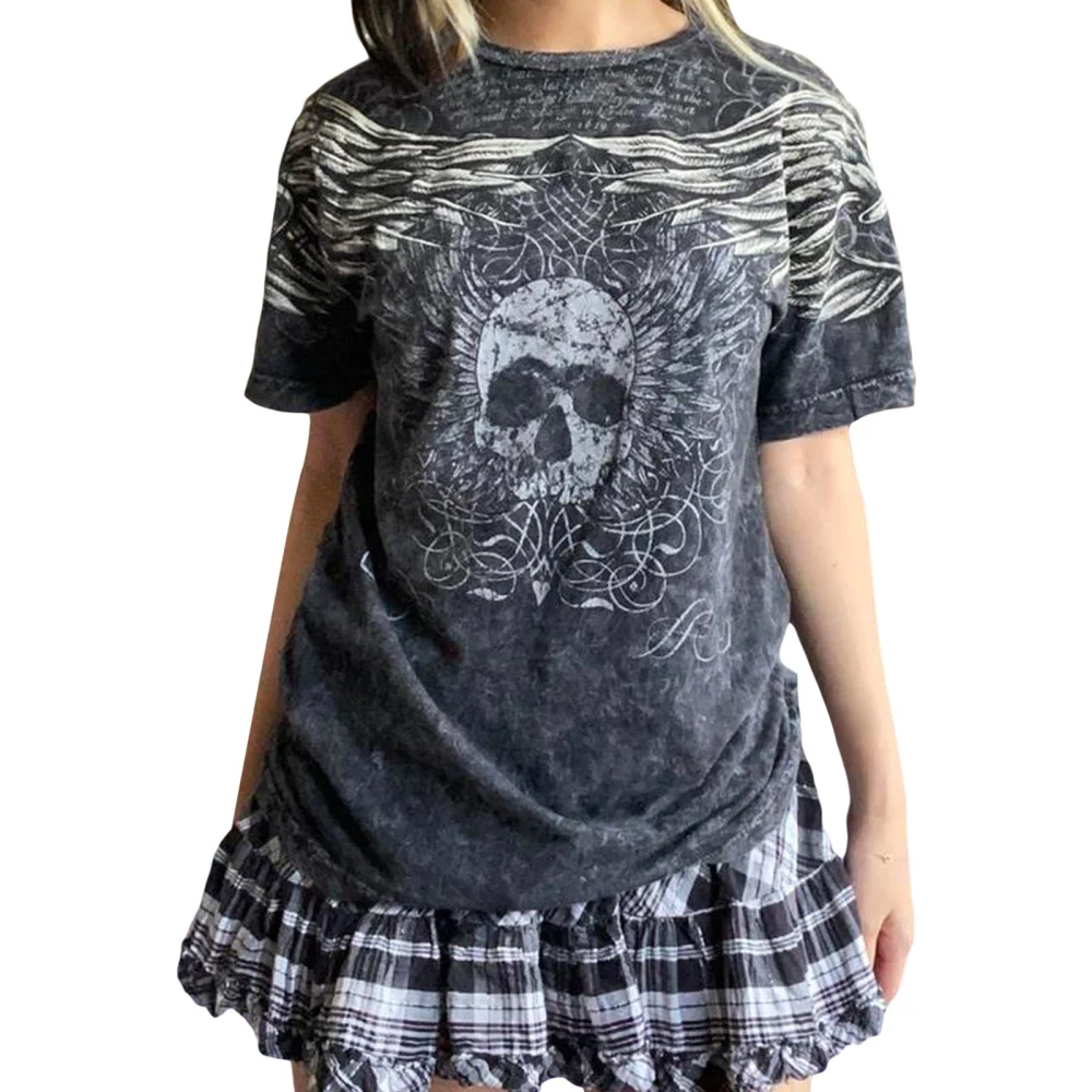 Women's Round Neck T-Shirts, Gothic Short Sleeve Skull Wings Print Relaxed Fit Tops