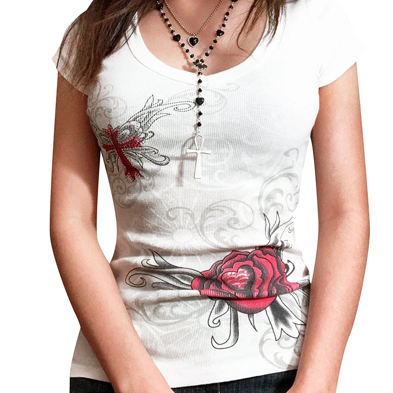 Women's T-shirt, Rhinestone Flower Print Short Sleeve Slim Tee Shirt