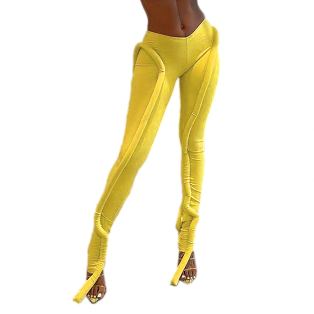 Women Spring Tight Pants, Solid Color Line Decorative Middle-Waist Ninth Leggings for Girls, Yellow