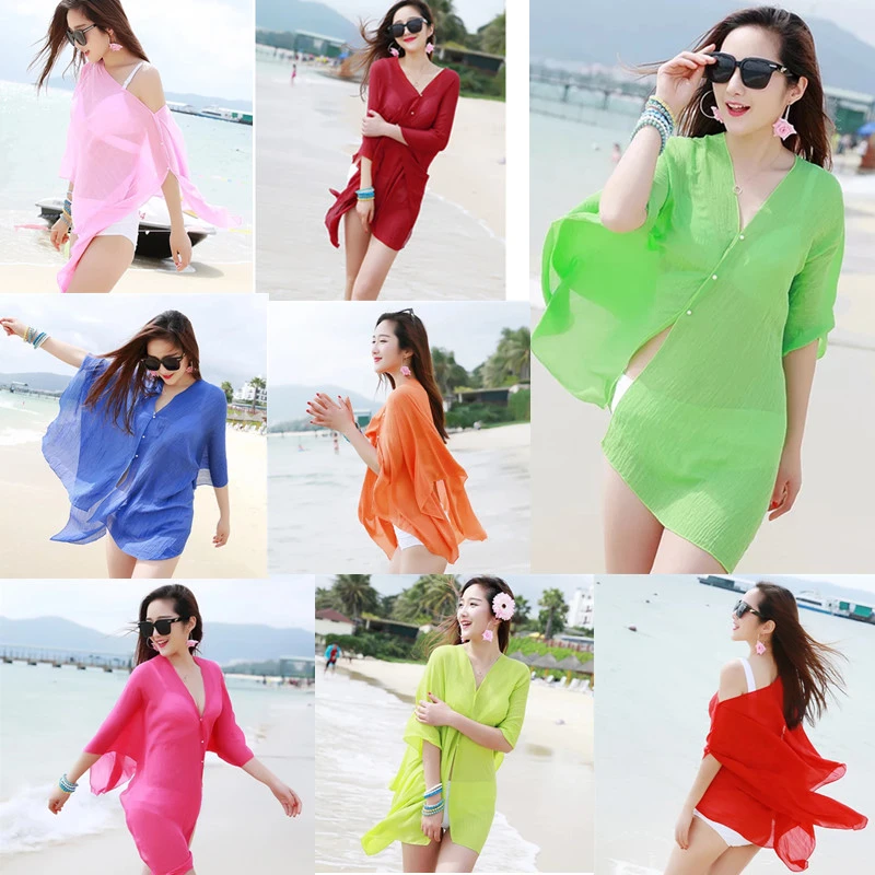 Women's Solid Color Beach Shawl Cover, Multiple Purposes Simple Style Chiffon Beach Towel