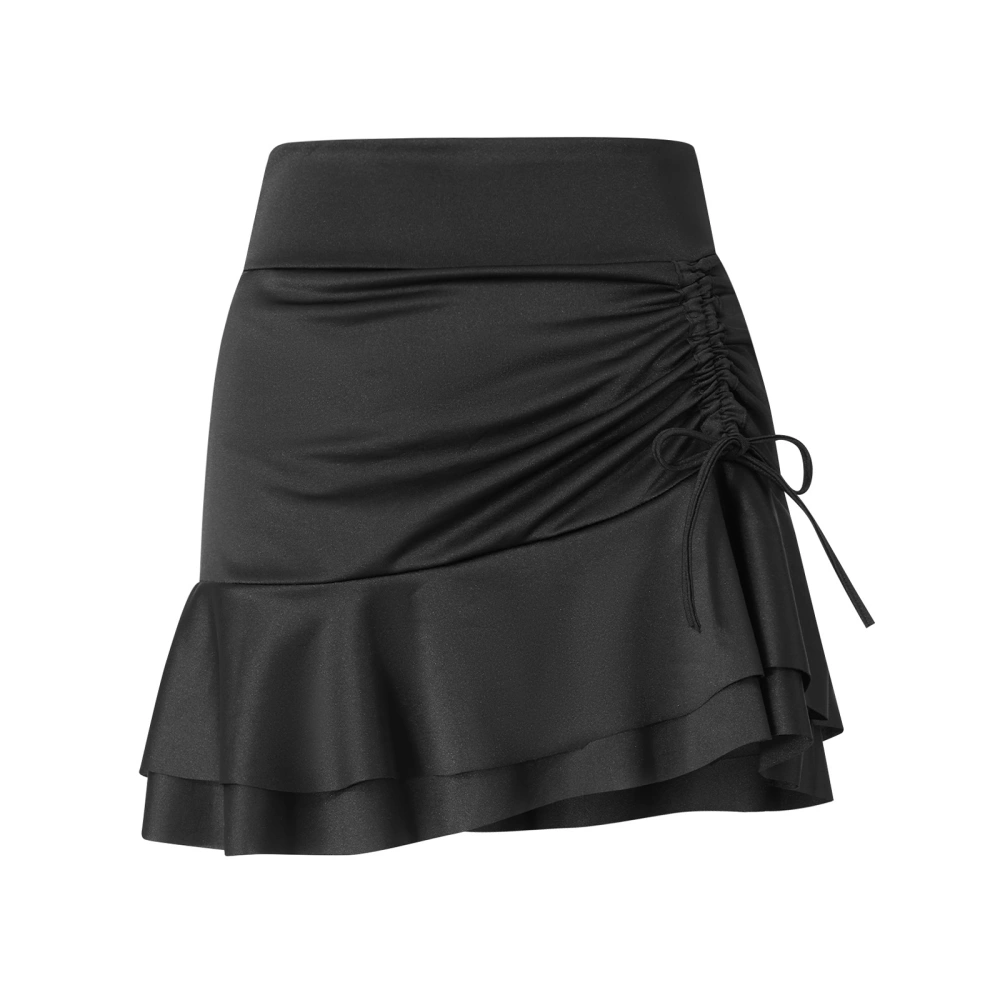 Women's High Waist Skirt Bottoms, Tummy Control Drawstring Ruffle Swim Skirt with Shorts