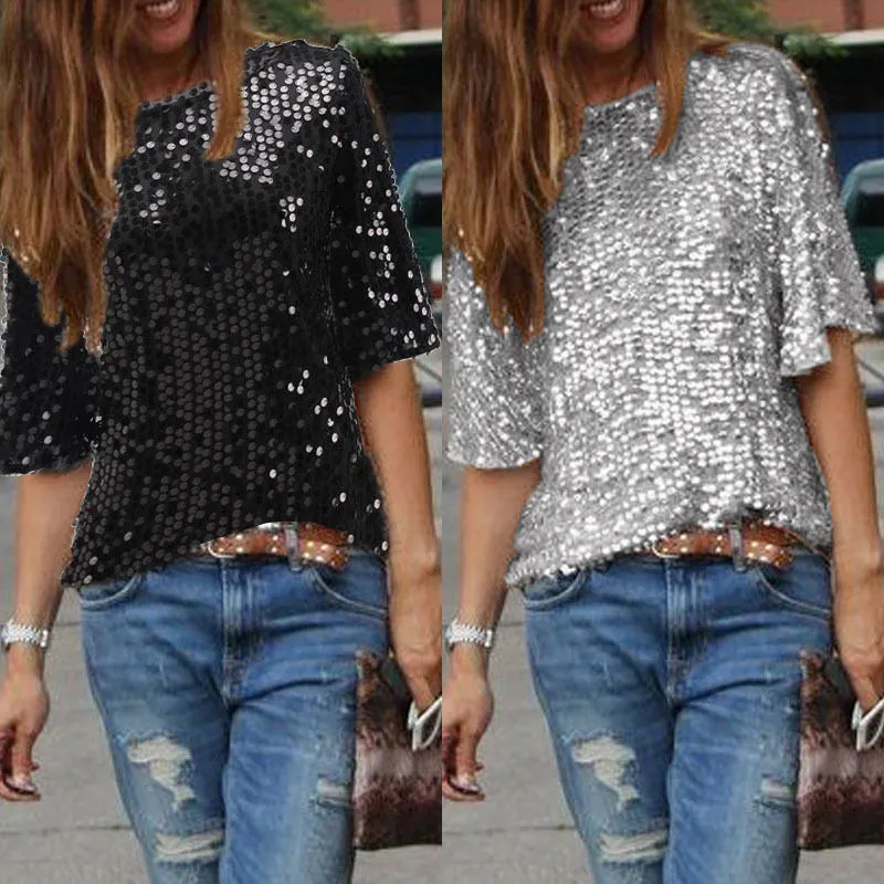 Women Summer Top Shirt, Sequin Short Sleeve Round Neck Loose T-shirt, Sloping Shoulder Glistening Wild Fashion Top