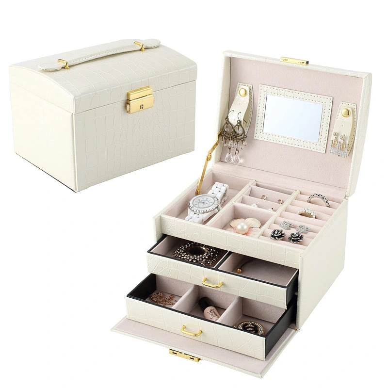 3-Layers Jewelry Box with Metal Lock and Handle, Ring/Necklace/Earring Display Shelf Two Drawers Jewelry Box