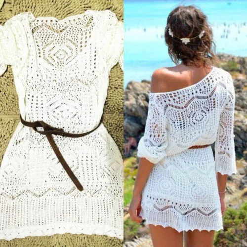 Women Summer Bikini Cover Up Long Sleeve Swimwear Crochet Solid Color Beach Suit