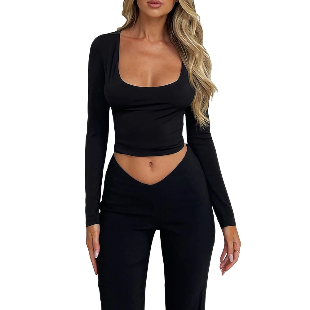 Women's Fashion Slim Cropped Tops, Solid Color Long Sleeve U-Neck Back Tie-Up Show Navel T-Shirt