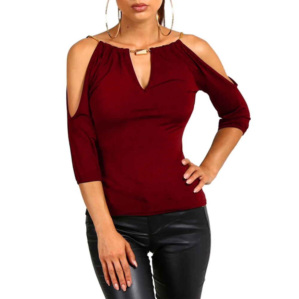 Women’s Solid Color Off-shoulder V-neck Half Sleeve Pullover T-shirt