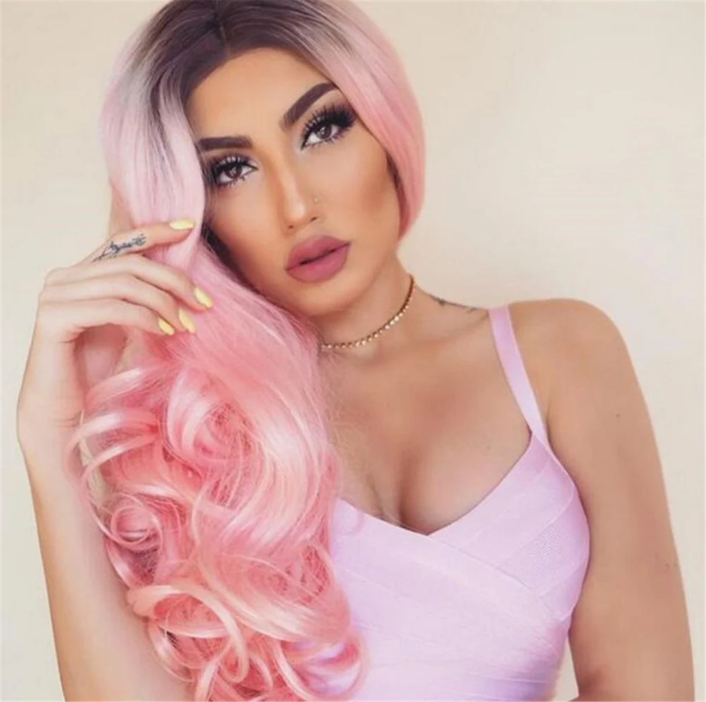 Women Synthetic Hair Wigs Ombre Black To Pink Long Wavy Wigs Natural Looking Long Head Dressing