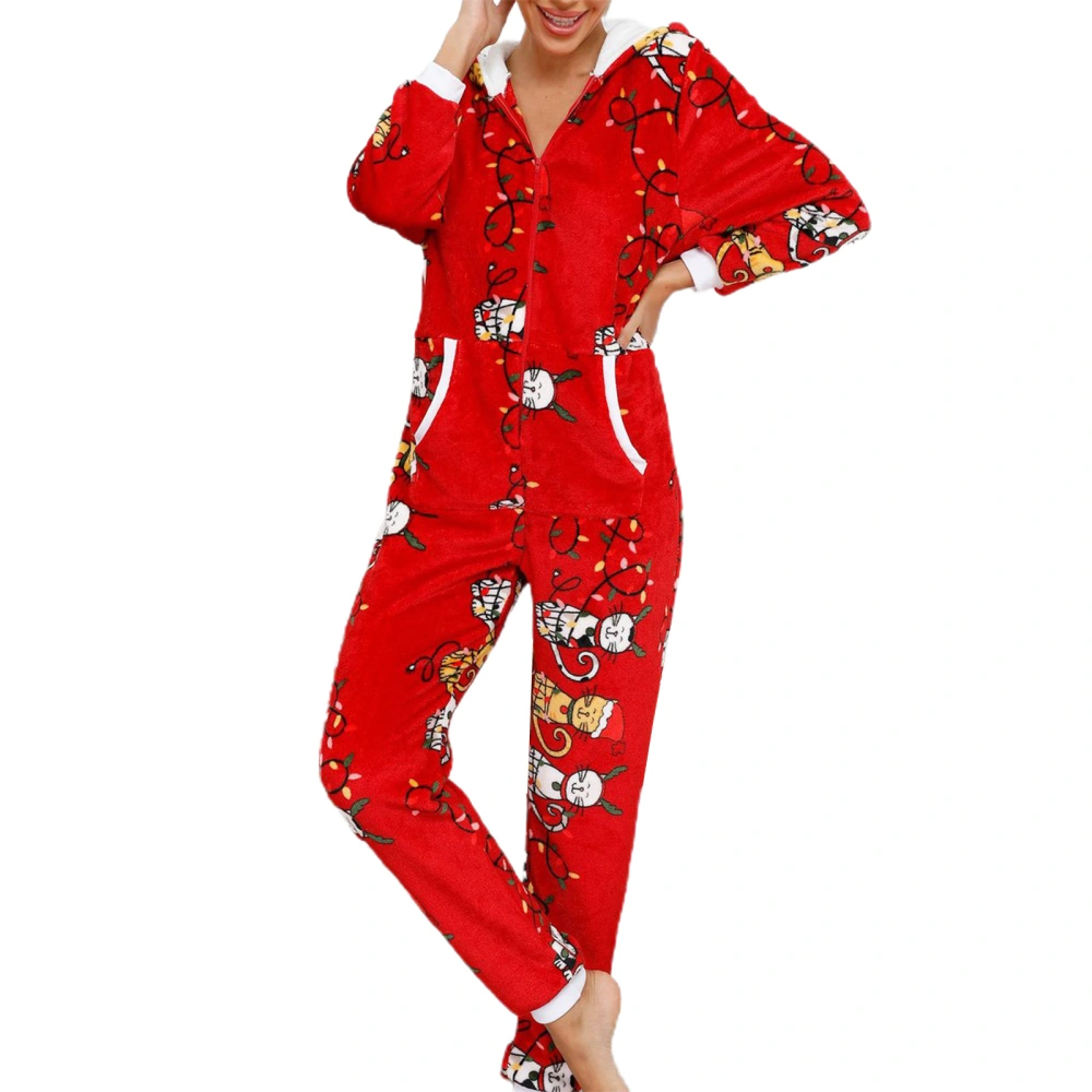 Women Casual One-piece Nightwear, Christmas Printed Pattern Long Sleeve Hooded Jumpsuit, S/ M/ L/ XL/ XXL