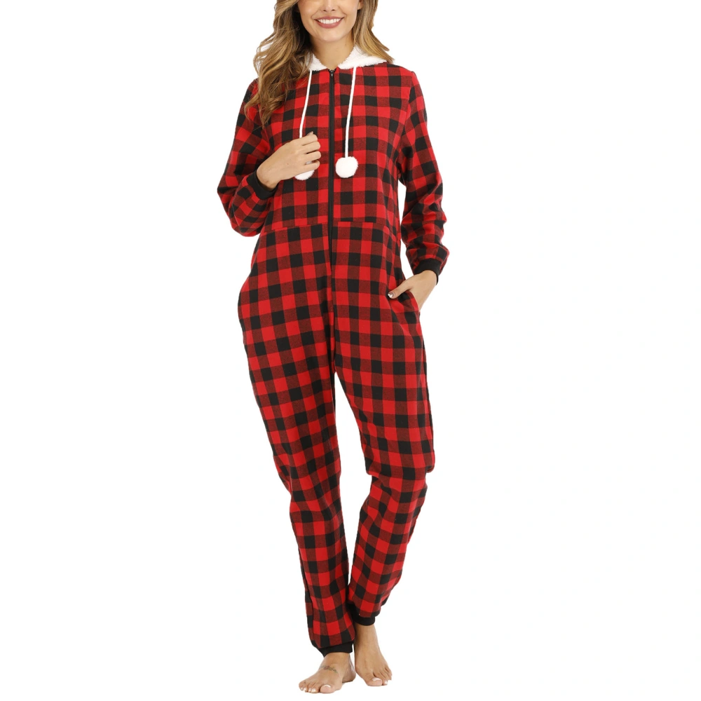 Women's Pajama, Plaid Jumpsuit Plush Hat with Hood Drawstring Hemming One Piece Garment