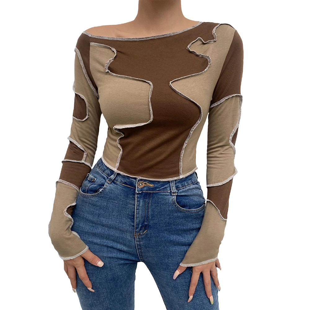 Women Patchwork Pullover, Brown Long Sleeve Close-fitting Crop Tops