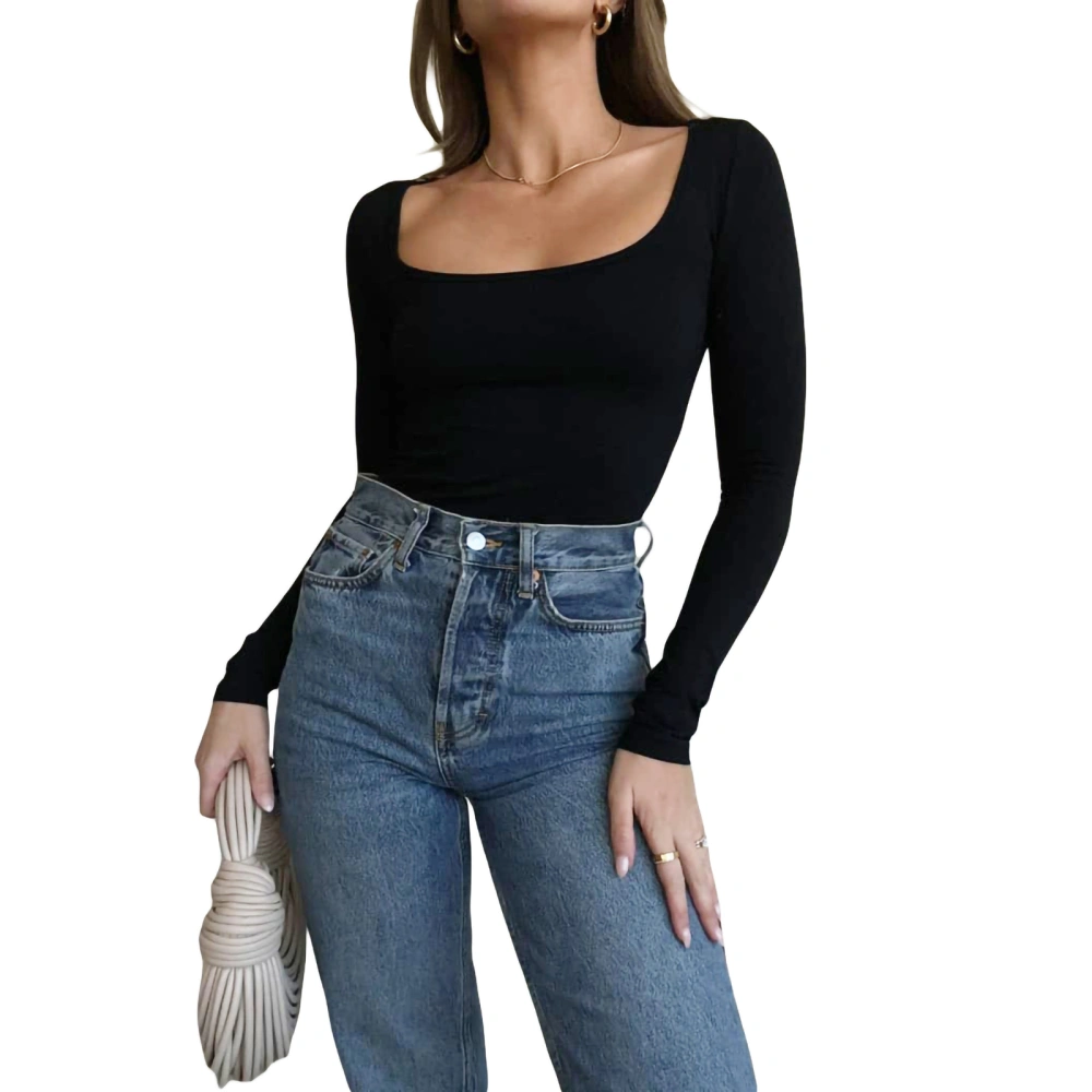 Women T-shirt Long Sleeve Square Neck Solid Slim Fit Ladies Tops for Casual Daily