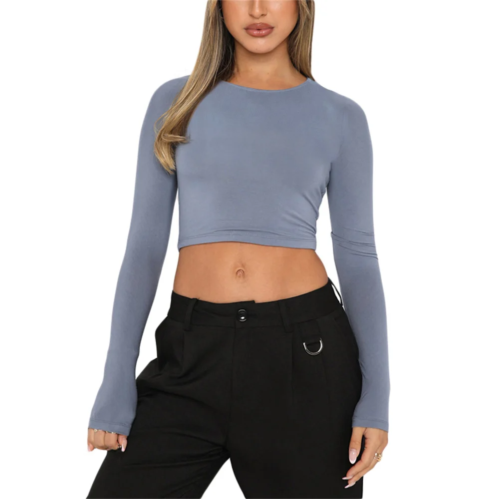 Women Crop Shirt Long Sleeve Round Neck Backless Cutout Solid Color Casual Party Street Spring Fall Tops