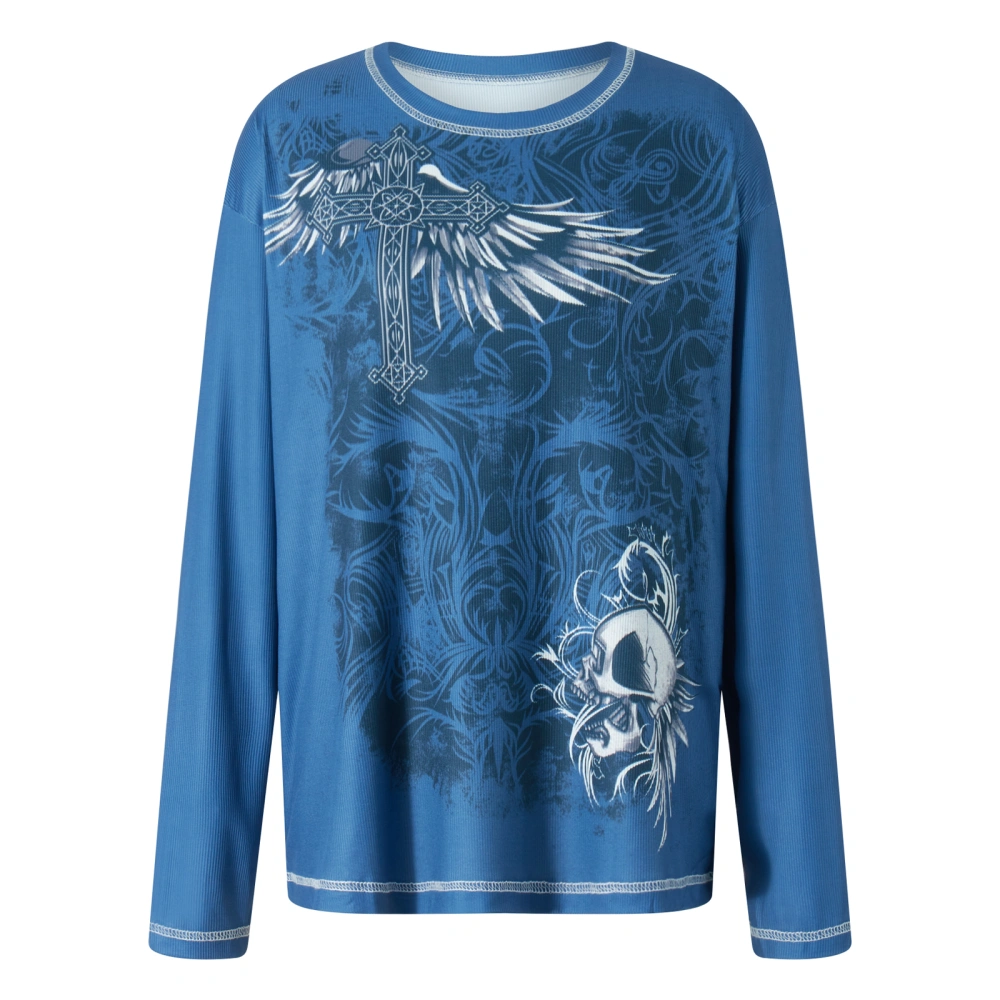 Women Long Sleeve Tops Retro Gothic Style Skull Print Pullover Shirt