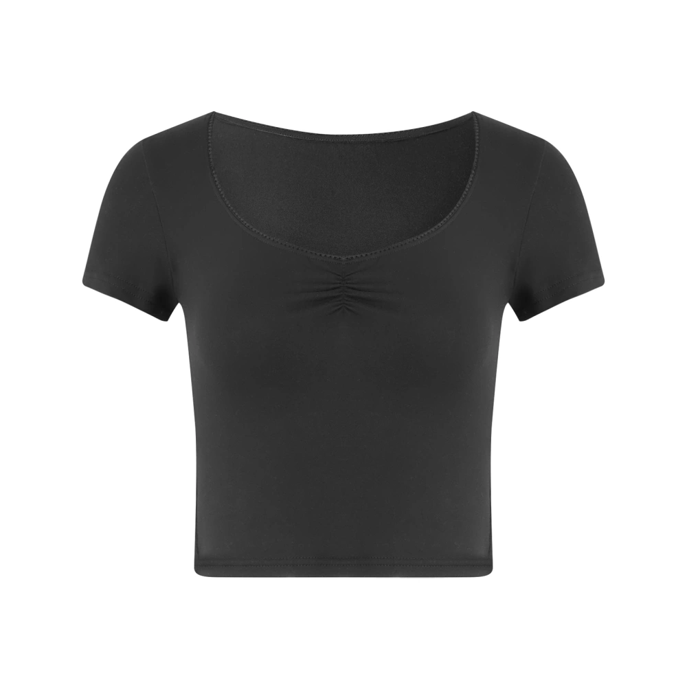 Women's Summer Slim Fit Crop Tops Black Short Sleeve Square Neck Lace Trim T-shirt