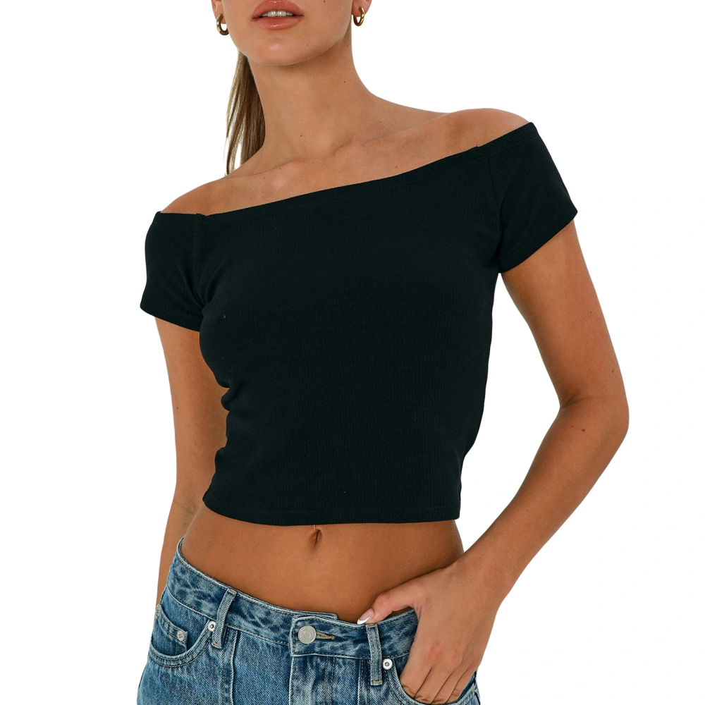 Women T-shirt Off-shoulder Short Sleeve Solid Slim Fit Summer Crop Top