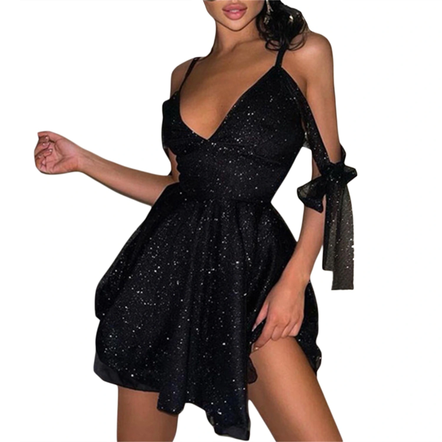 Women Shiny Party Dress, Ladies Spaghetti Strap V-Neck Braces Skirt