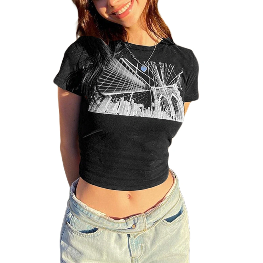 Women's Crew Neck Crop Tops, City Print Short Sleeve Slim Fit T-Shirts