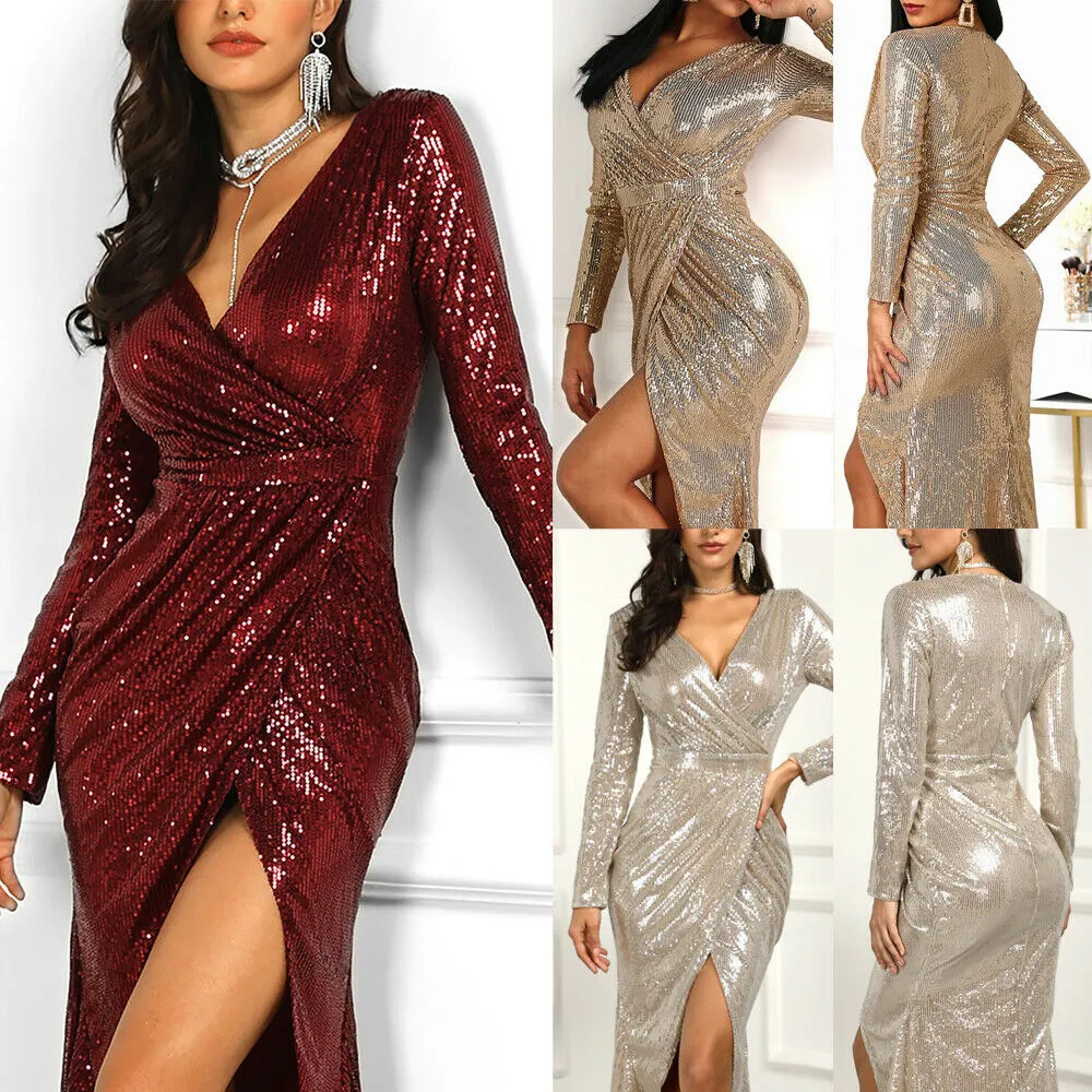 Women Dress, Solid Color Sequin Deep V-Neck Long Sleeve, High Split Slim Dress for Cocktail Parties, Bars, Night Clubs