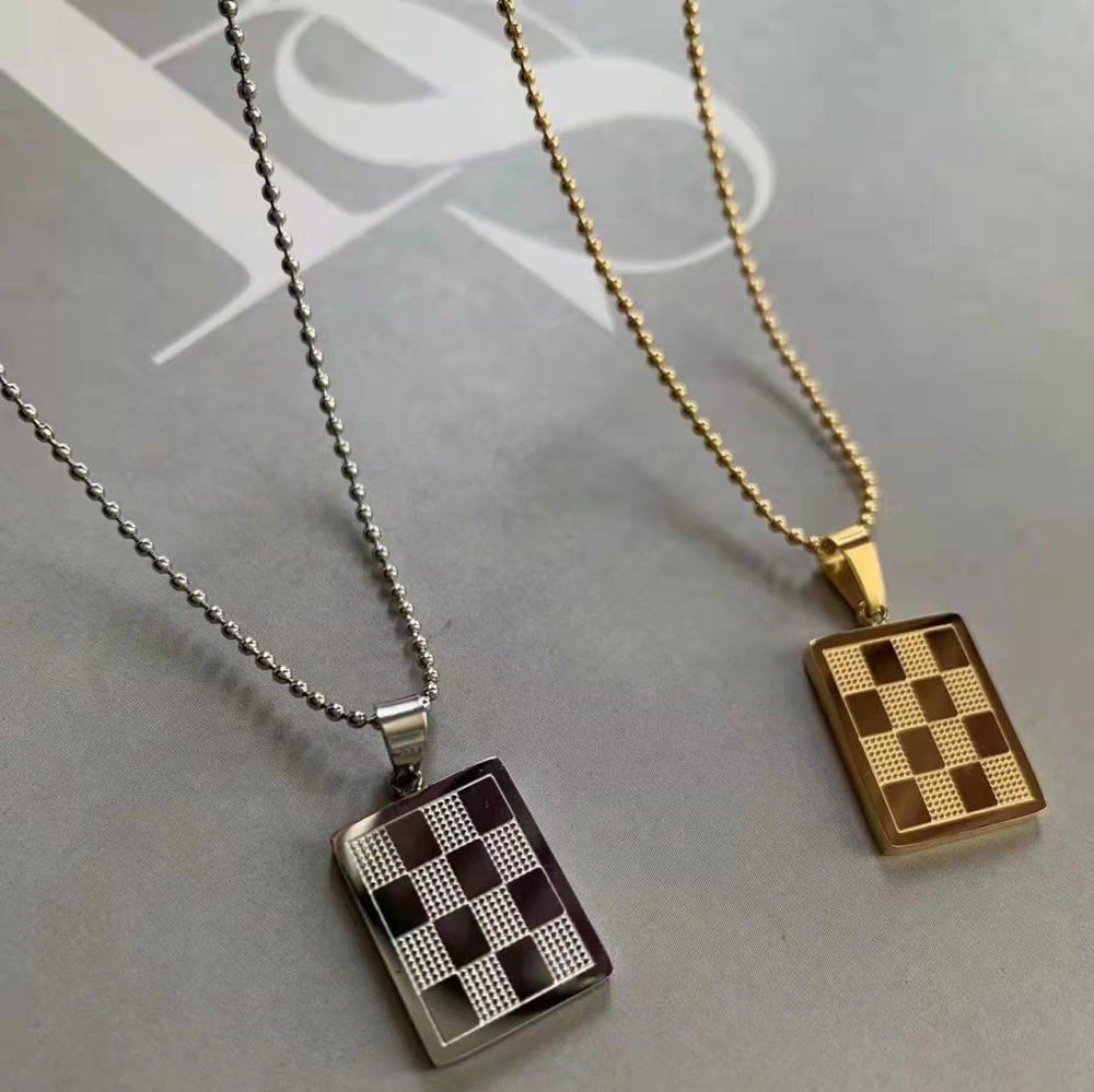 Chess Plaid Titanium Steel Square Necklace Women's Fashion