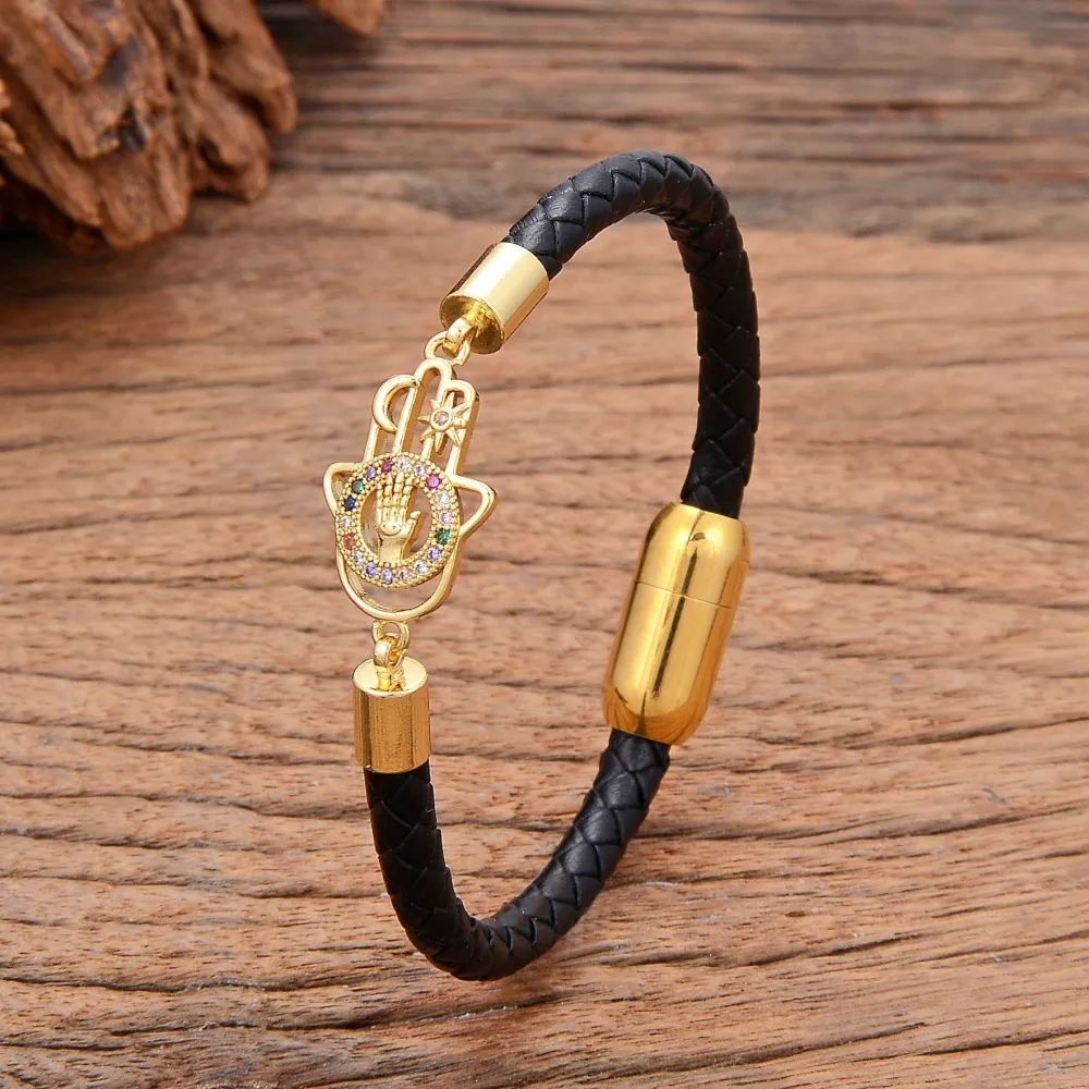 Zircon Inlaid Leather Strap Bracelet Woven