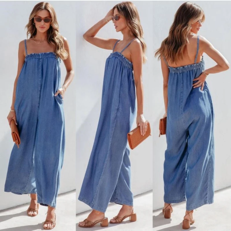 Casual Loose Denim High Waist Suspender Jumpsuit