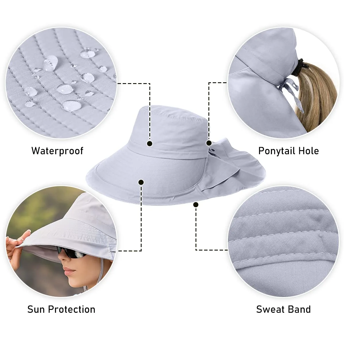 Womens Ponytail Sun Hat Summer Wide Brim