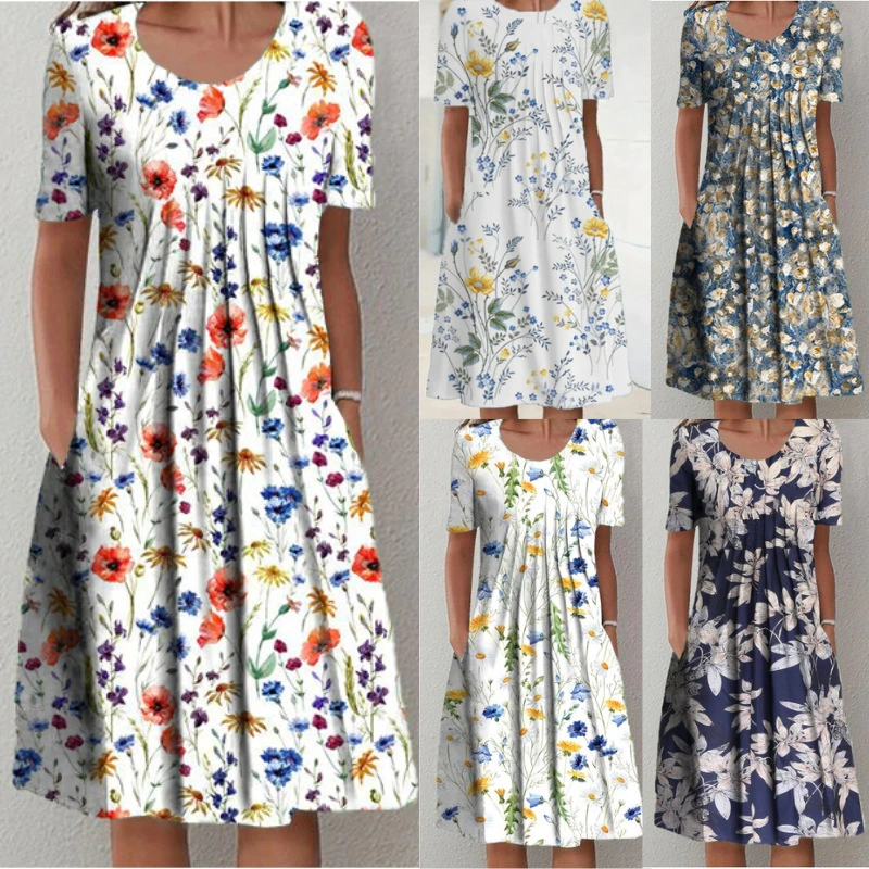 Women's Casual Printed Round Neck Short Sleeve Dress