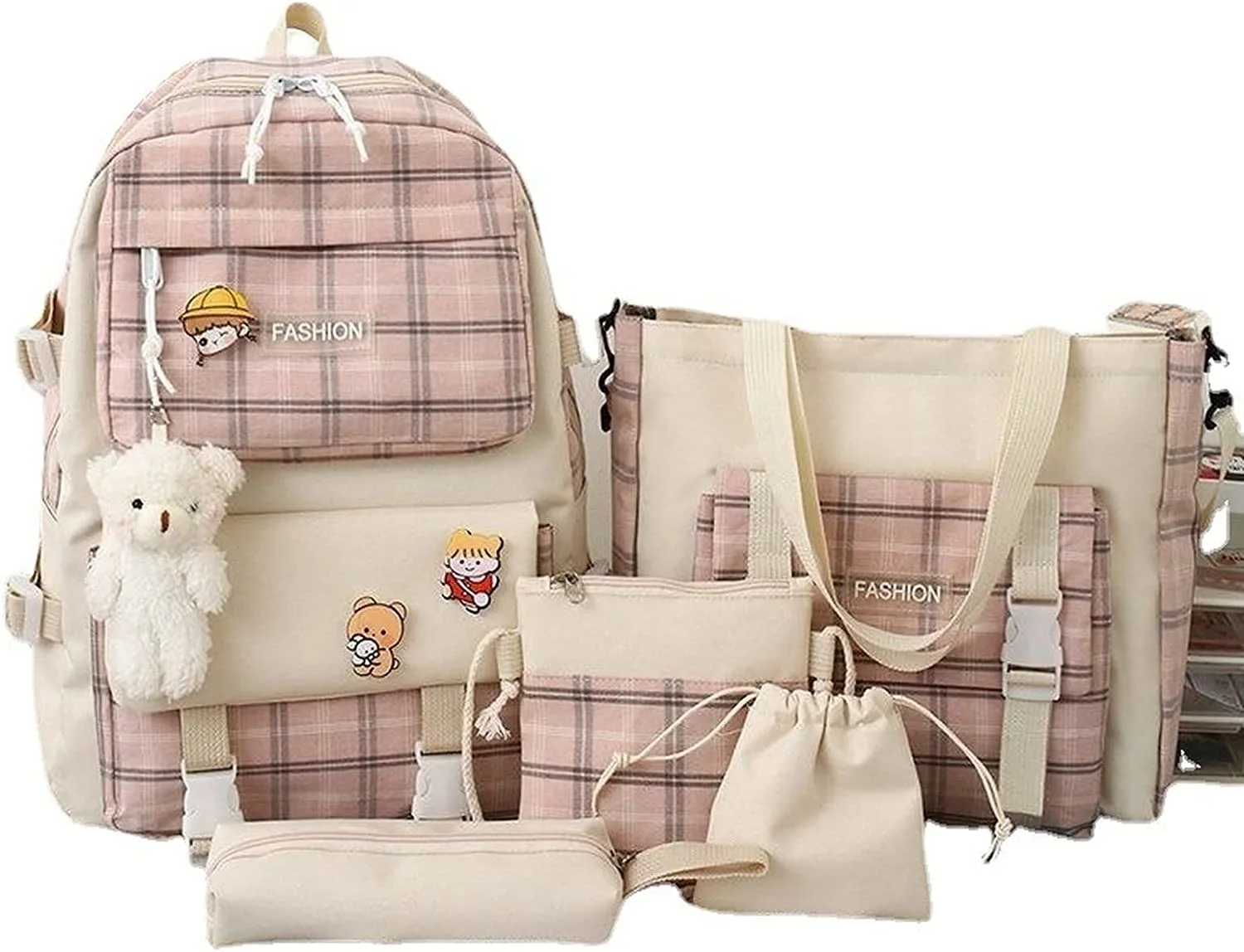 Set Of 5 Kawaii Bear Pendant Canvas School Bag Shoulder Bag