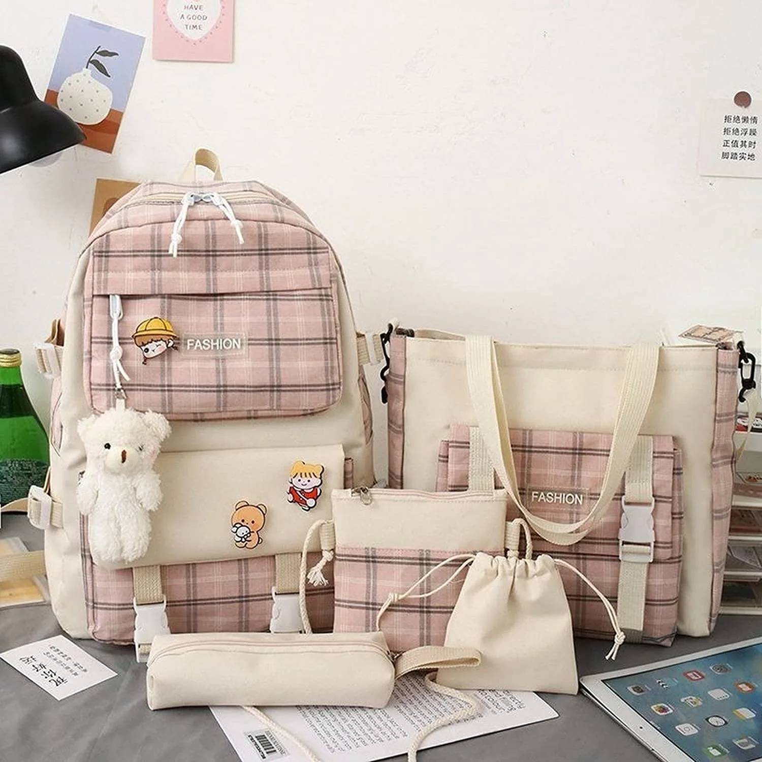 Set Of 5 Kawaii Bear Pendant Canvas School Bag Shoulder Bag