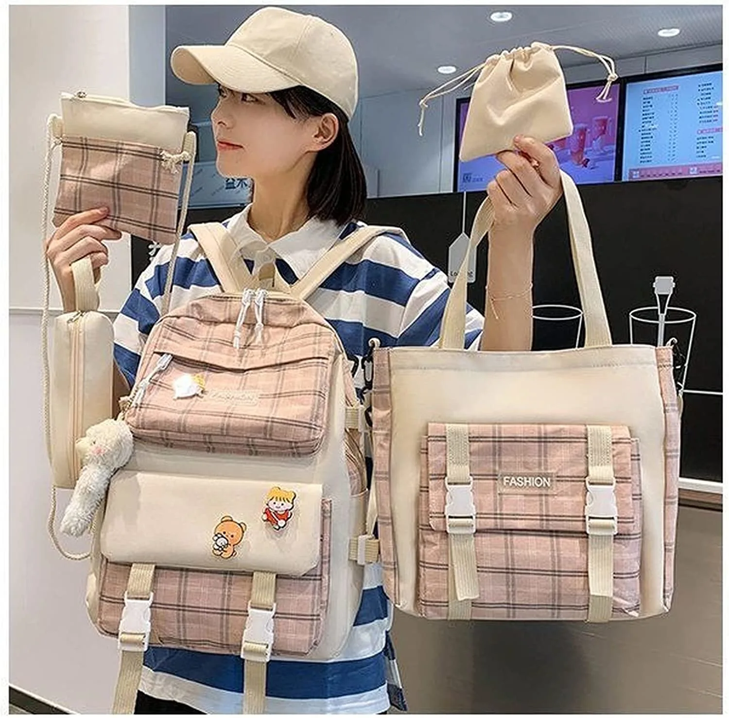 Set Of 5 Kawaii Bear Pendant Canvas School Bag Shoulder Bag