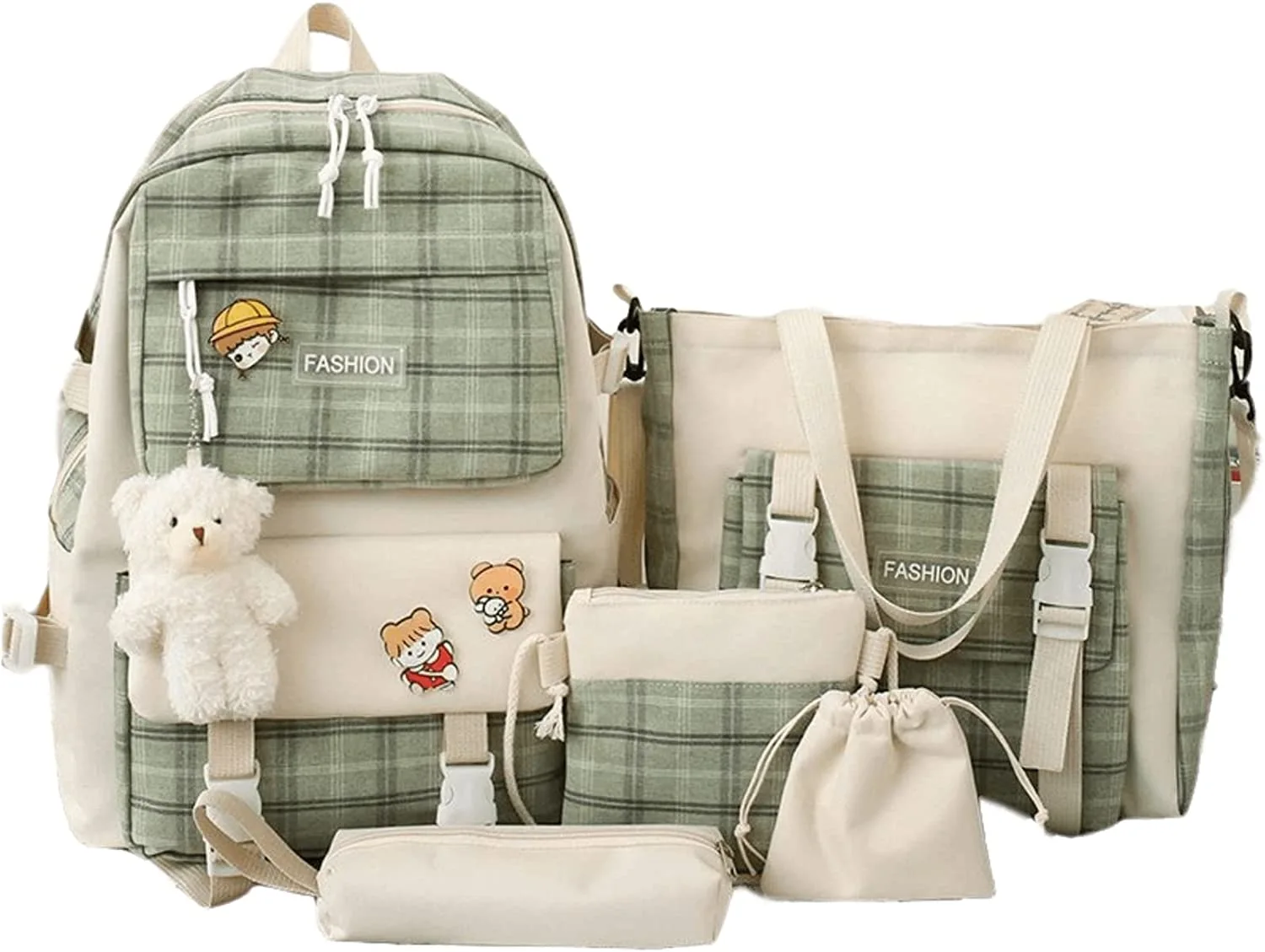 5pcs Kawaii Plaid Checkered Shoulder Bag School Bag