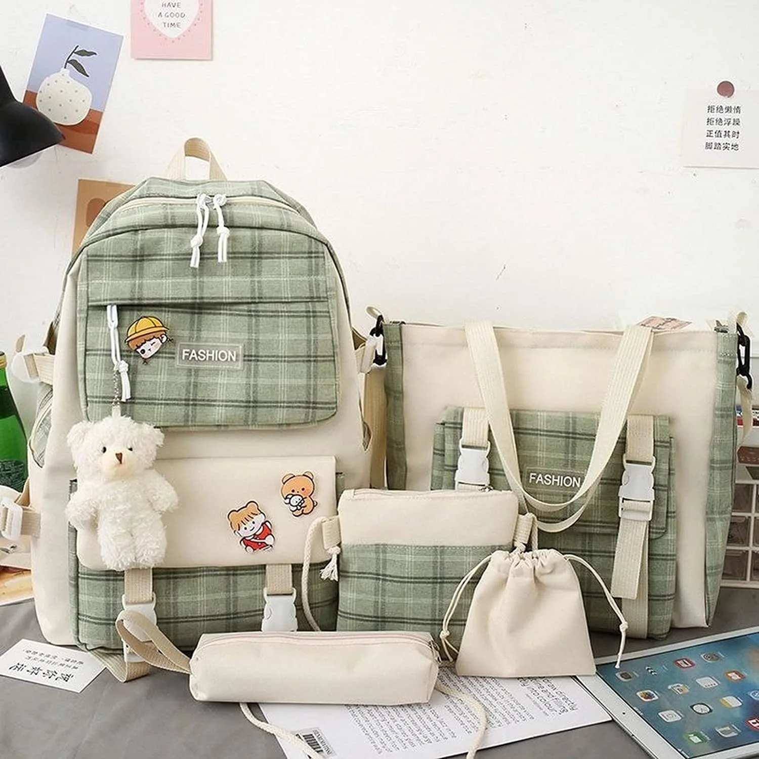 5pcs Kawaii Plaid Checkered Shoulder Bag School Bag