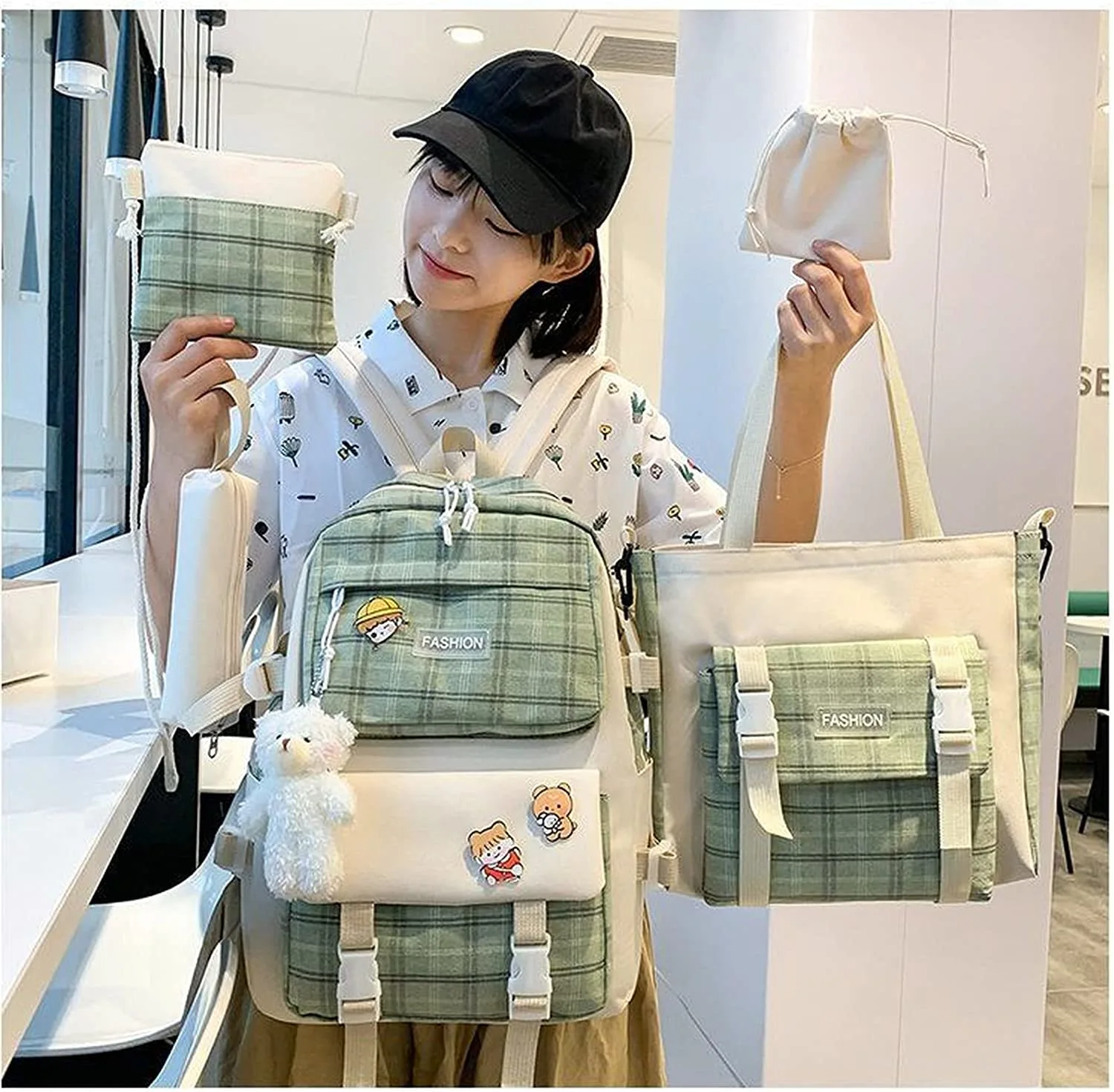 5pcs Kawaii Plaid Checkered Shoulder Bag School Bag