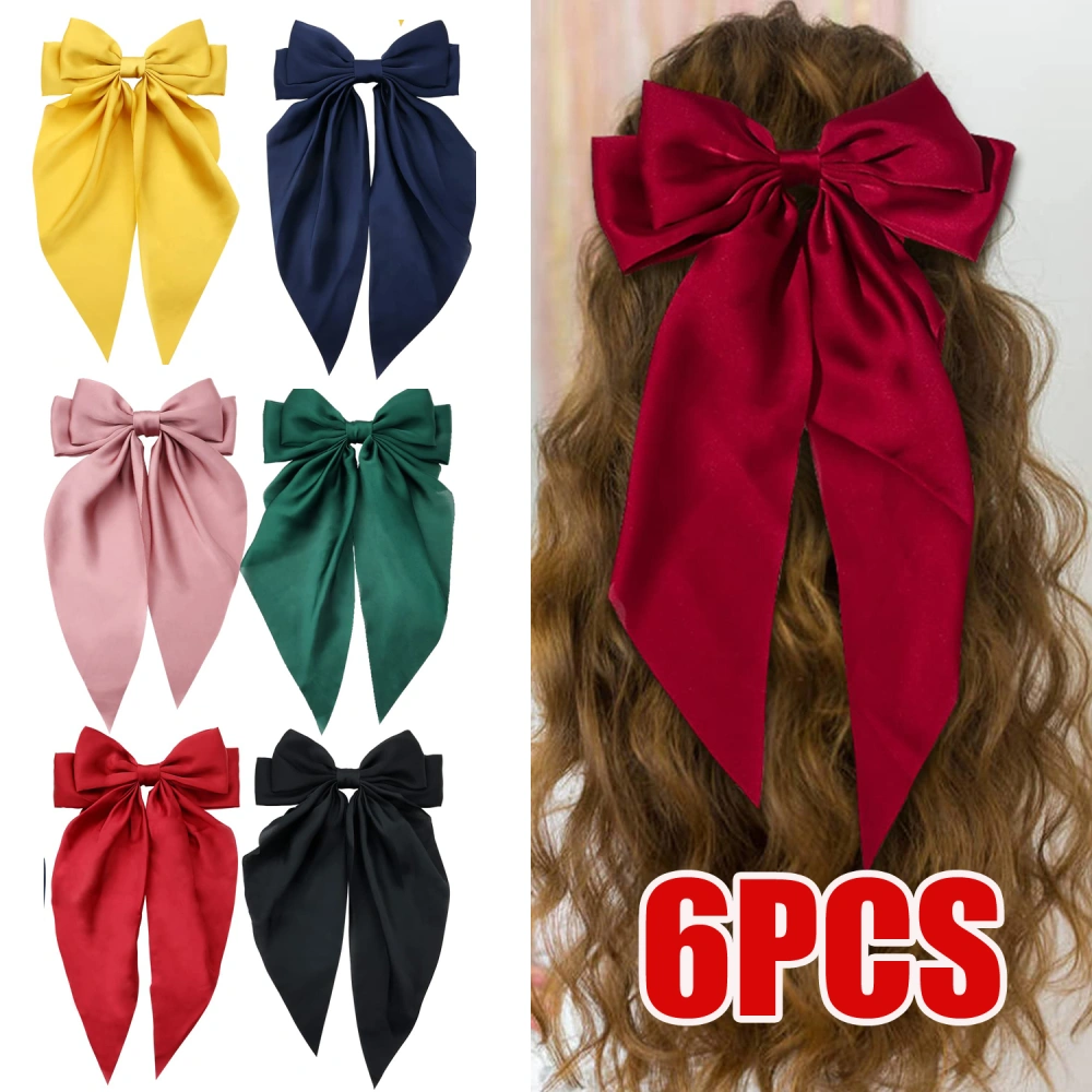 6 Satin Large Hair Bows Hair Clips  for Women Lady Girl