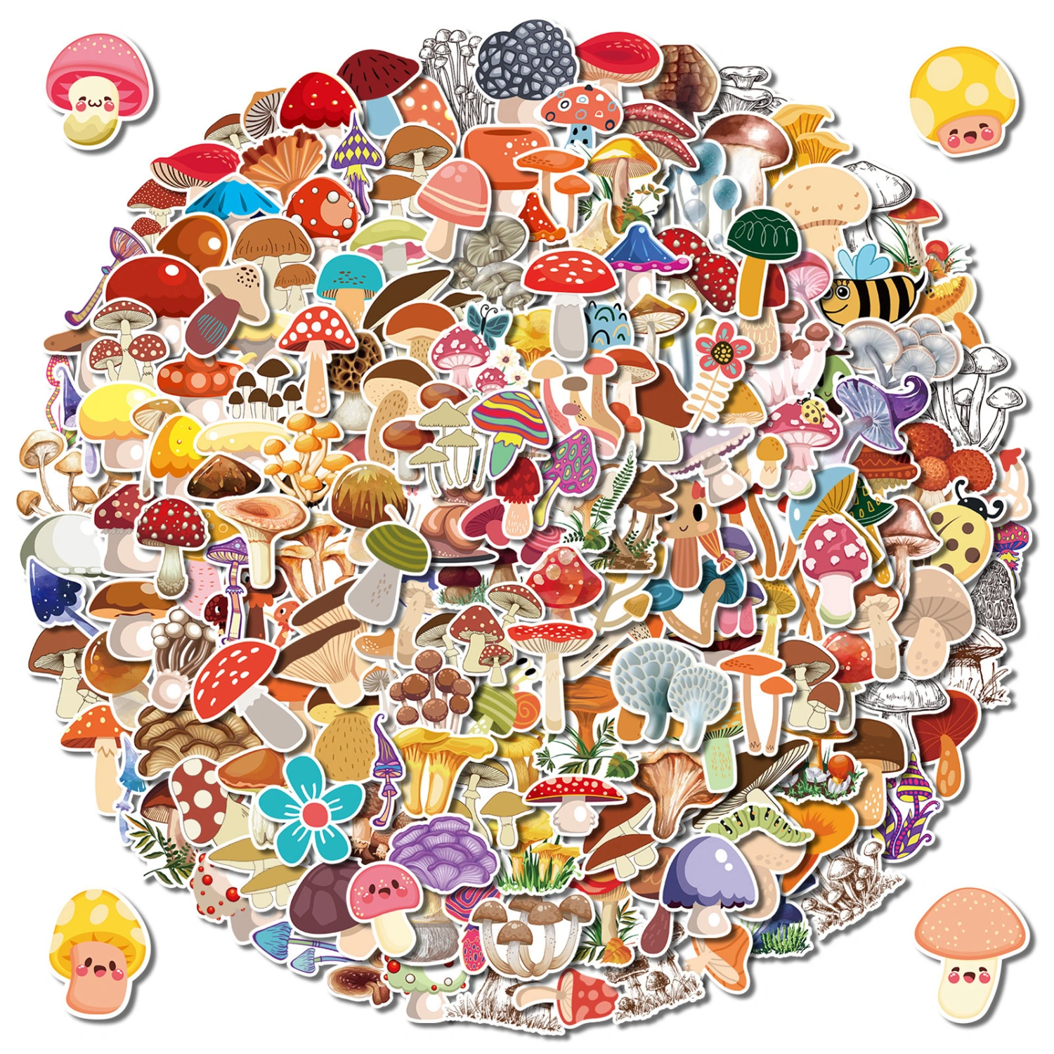 200Pcs Plant Graffiti Stickers Lovely Mushroom Series Waterproof PVC Self-Adhesive Decorative Decals Skateboard Water Cup Luggage Cartoon Stickers Stationery Gift