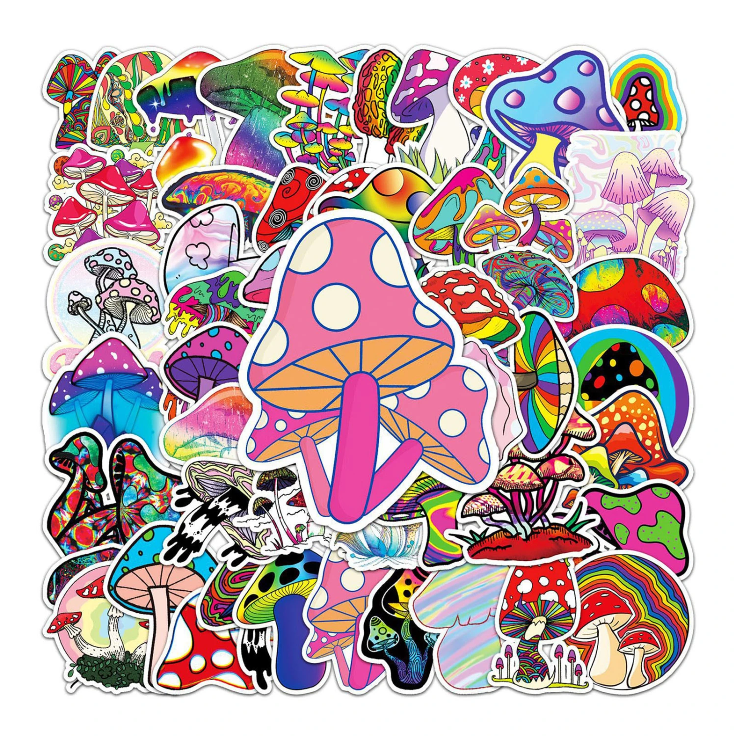 50Pcs Plant Graffiti Stickers Waterproof PVC Lovely Mushroom Pattern Colorful Decals DIY Vinyl Art Self-Adhesive Skateboard Water Cup Luggage Cartoon Stickers Children Gift
