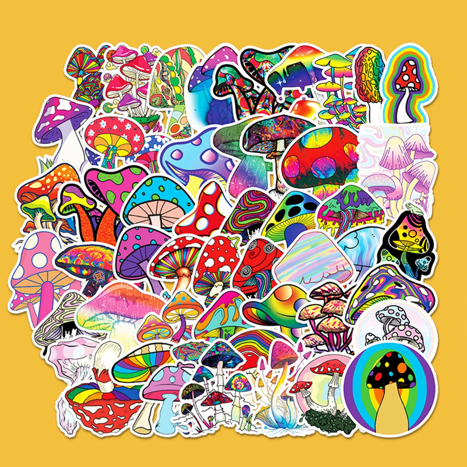 50Pcs Plant Graffiti Stickers Waterproof PVC Lovely Mushroom Pattern Colorful Decals DIY Vinyl Art Self-Adhesive Skateboard Water Cup Luggage Cartoon Stickers Children Gift