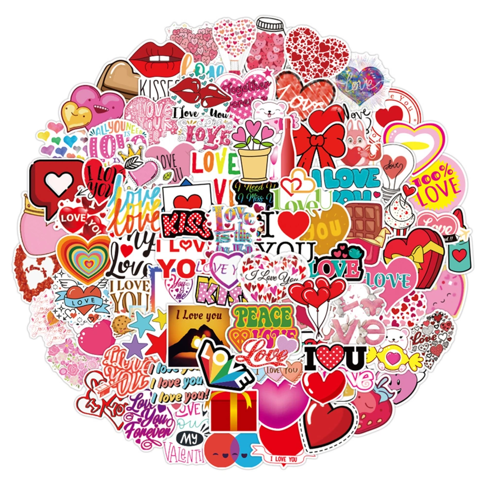 100Pcs Love Heart Stickers Various Romantic Decals Waterproof PVC Adhesive DIY Decoration Cute Cartoon Stickers Laptop Luggage Refrigerator Skateboard Car Stickers Valentine's Day Gift