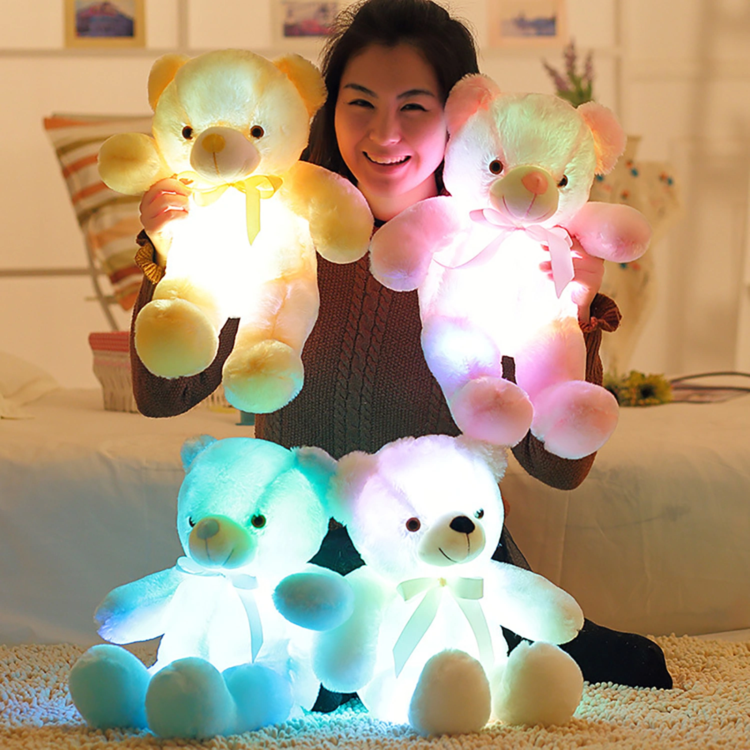 Cartoon Cute Luminous Bow Tie Bear Cotton Doll Children Toy Kid Christmas Gift