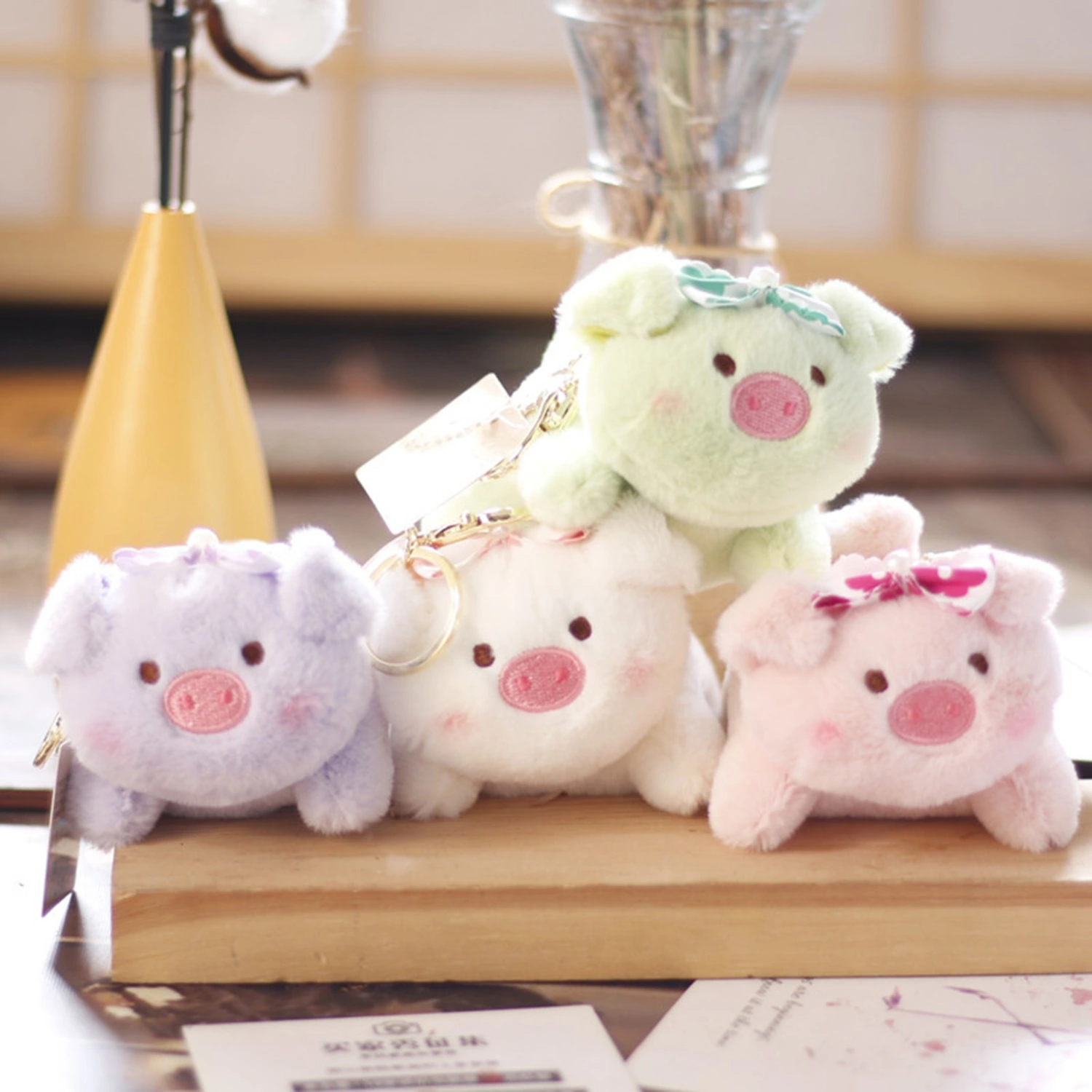 12cm Plush Keychain Soft Lovely Bow Cartoon Piggy Plush Toy Ornament Portable Piglet Pendant Stuffed Animal Doll Key Ring Backpack Accessories