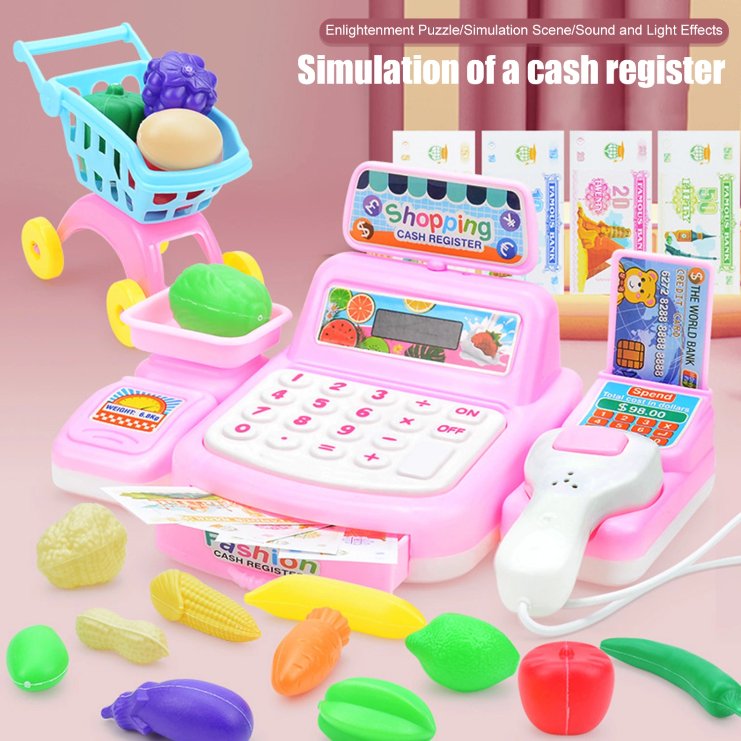 27Pcs/Set Cash Register Toys Sound Light Effects Fruit And Vegetable Puzzle Enlightenment 360-degree Fillet Grinding Fun Scene Experience Simulated Scanner Role Play Cash Register Toys for Kids