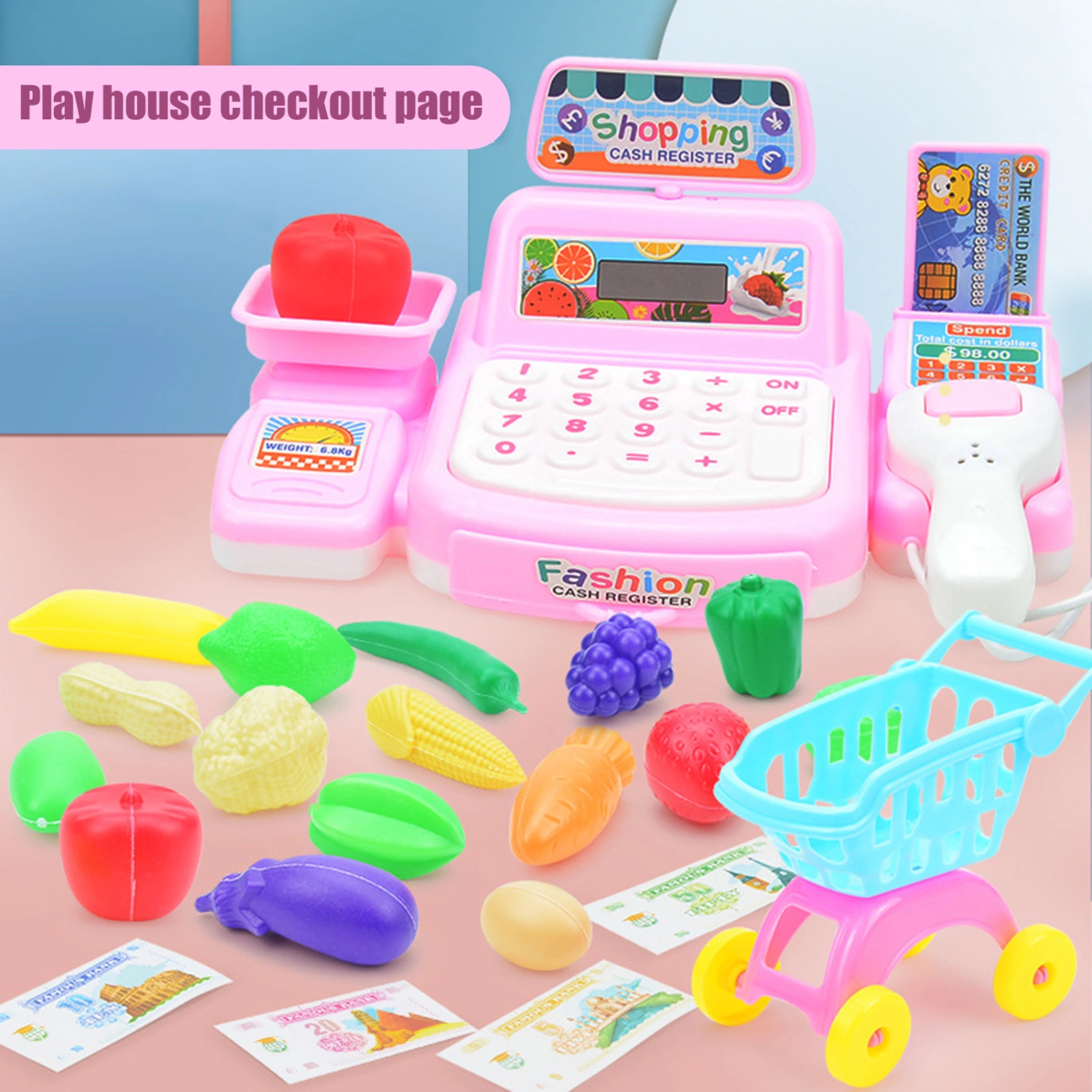 27Pcs/Set Cash Register Toys Sound Light Effects Fruit And Vegetable Puzzle Enlightenment 360-degree Fillet Grinding Fun Scene Experience Simulated Scanner Role Play Cash Register Toys for Kids