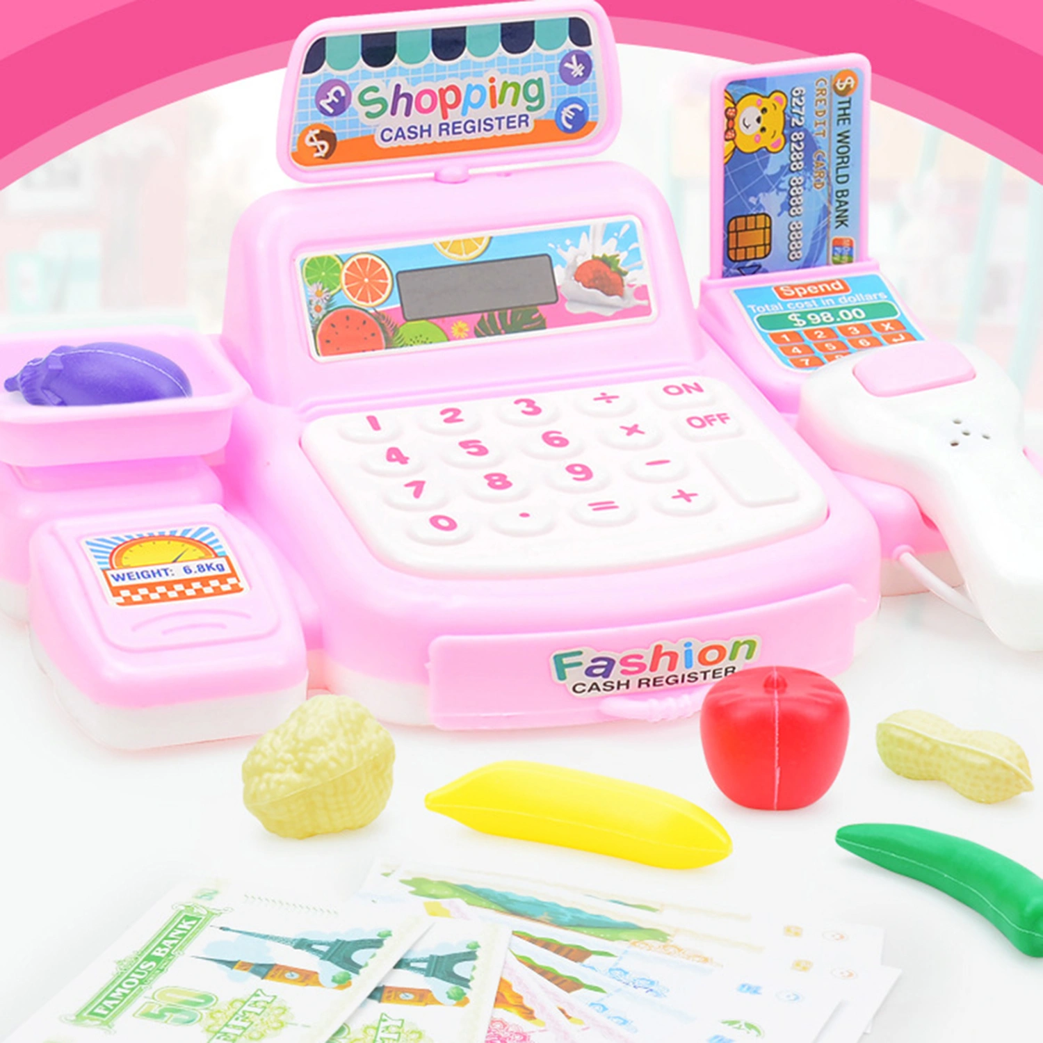 27Pcs/Set Cash Register Toys Sound Light Effects Fruit And Vegetable Puzzle Enlightenment 360-degree Fillet Grinding Fun Scene Experience Simulated Scanner Role Play Cash Register Toys for Kids