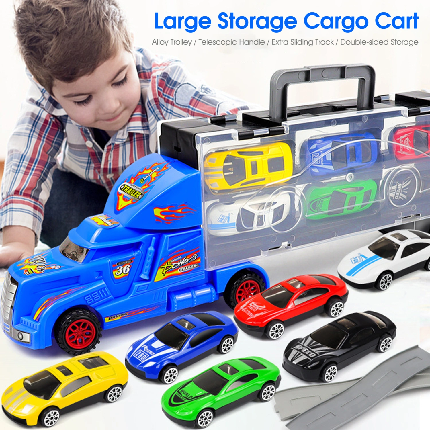 1 Set Kids Container Car with Slide Track 6 Mini Car Extendable Carry Handle Alloy Model Toy Portable Simulation Sliding Car Toy Play Set Christmas Gift