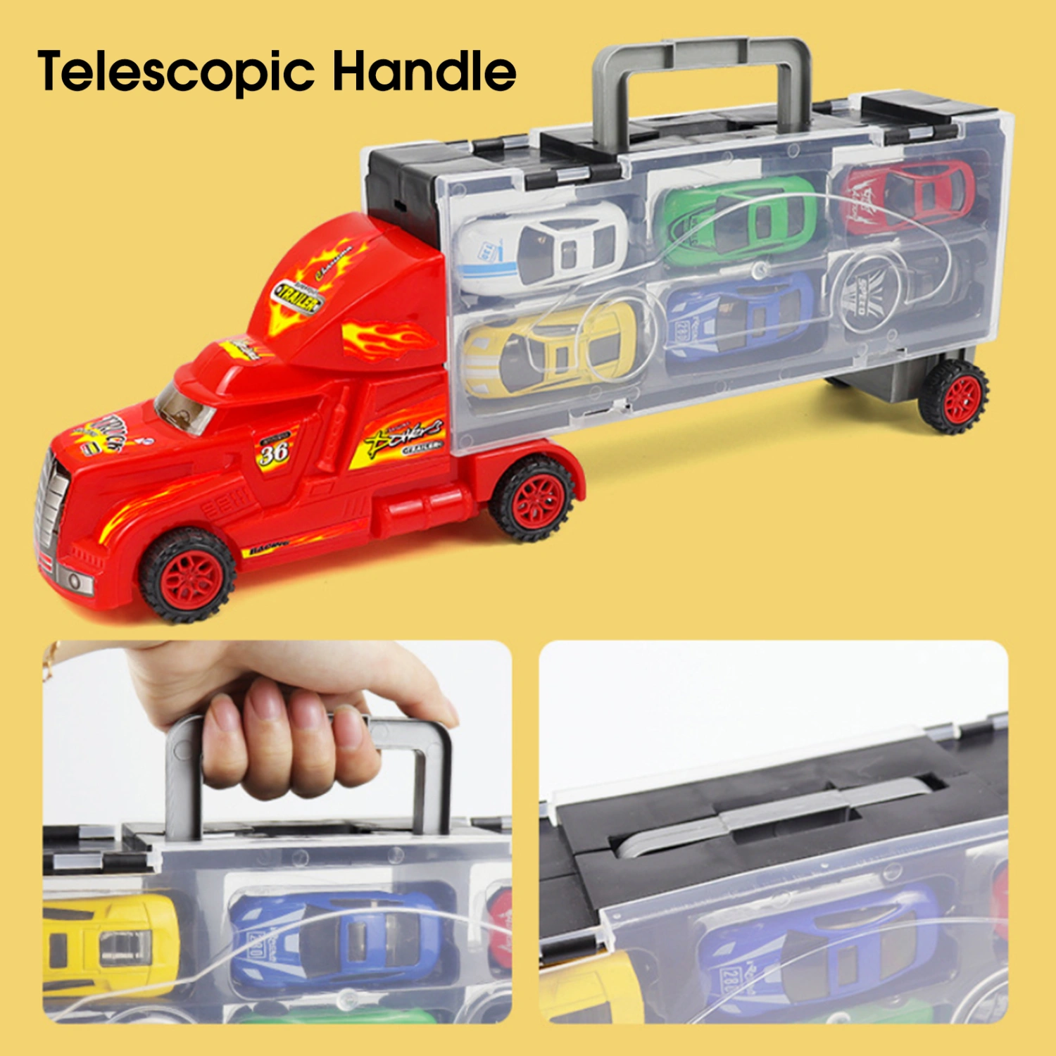 1 Set Kids Container Car with Slide Track 6 Mini Car Extendable Carry Handle Alloy Model Toy Portable Simulation Sliding Car Toy Play Set Christmas Gift